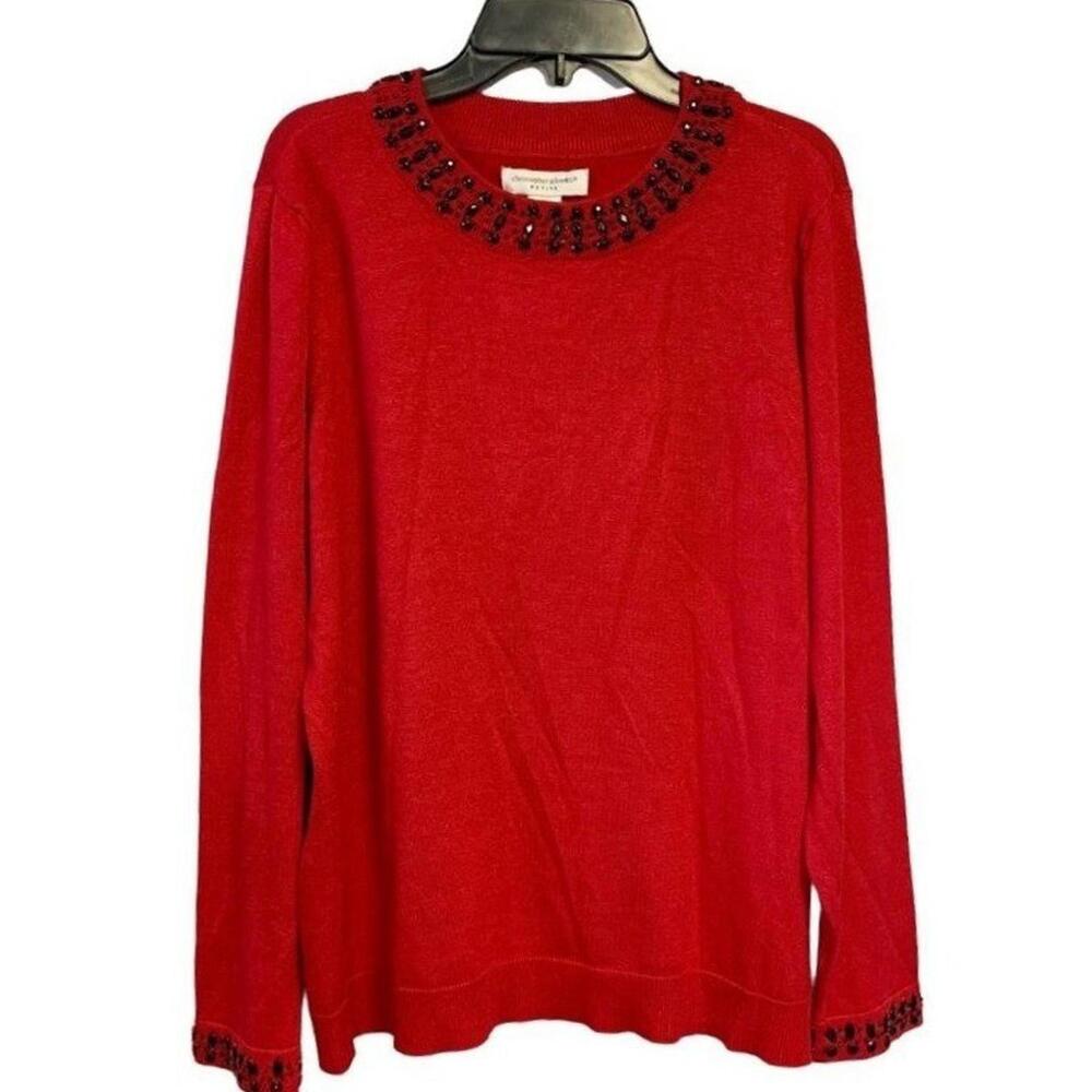 NWT Christopher & Banks Petite Crewneck Beaded Long Sleeves Red Knit Sweater PXL